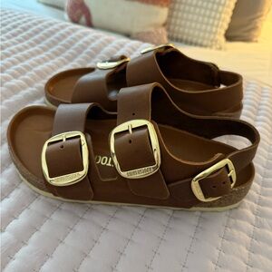 Birkenstock Brown Sandals with Leather Straps and Cork Sole Size 38